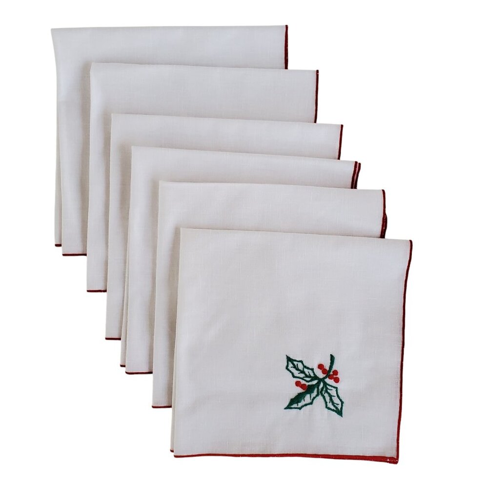 White Linen Embroidered Holly Cloth Dinner Napkins (6) Christmas Red Trim 18"